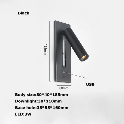 Black Brass Rectangular LED Wall Lamp Wall Sconce Wall Spotlight Reading Light with Switch and USB Port, Rotatable For Bedroom - vue 9 sur 22