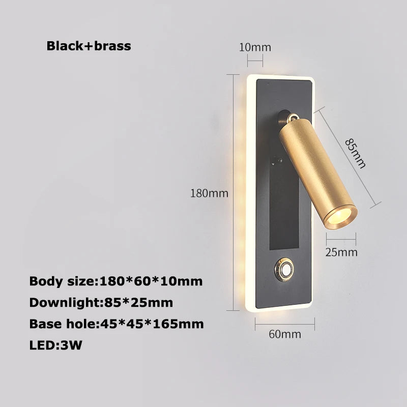 LED Brass Black Wall Lamp Wall Light Wall Sconce Wall Mounted Reading Light with Switch and USB Port, Rotatable For Bedroom - vue 23 sur 23