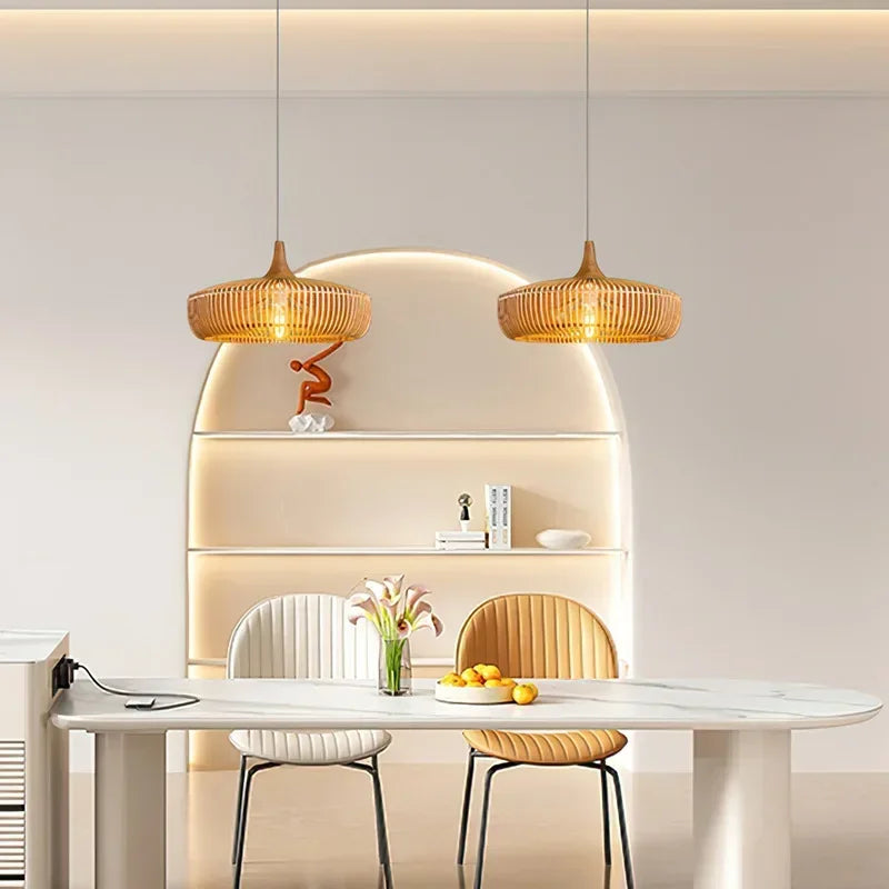 lustre en bois rond rétro pour table de restaurant avec led