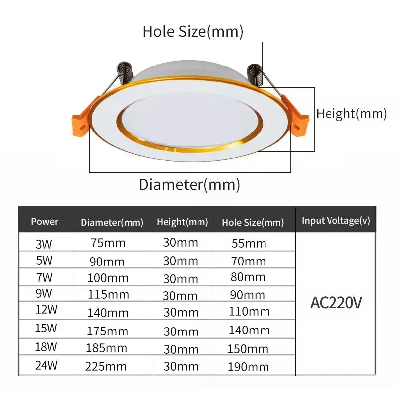 Luz descendente LED empotrada en el techo, lámpara blanca fría y cálida AC220V 3 colores de atenuación, 5W 7W 9W12W 15W 18W 24W - vue 7 sur 9