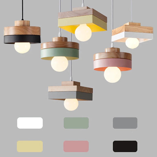 Nordique LED suspension en bois fer 18CM carré salon luminaire suspendu pour chambre salle à manger étude décor à la maison Luminaires - vue 2 sur 18