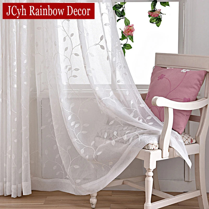 Voilage tulle brodé motif feuilles pour salon chambre