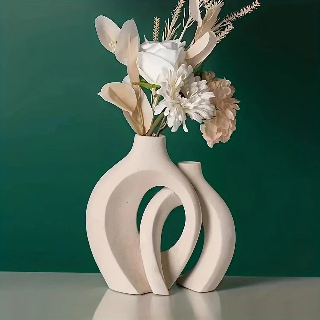 Hollow Nordic Modern Ceramic Vase Set of 2 for Modern Home Decor,Modern Boho Hollow Flower Vases for Living Room Bookshelf - vue 2 sur 8