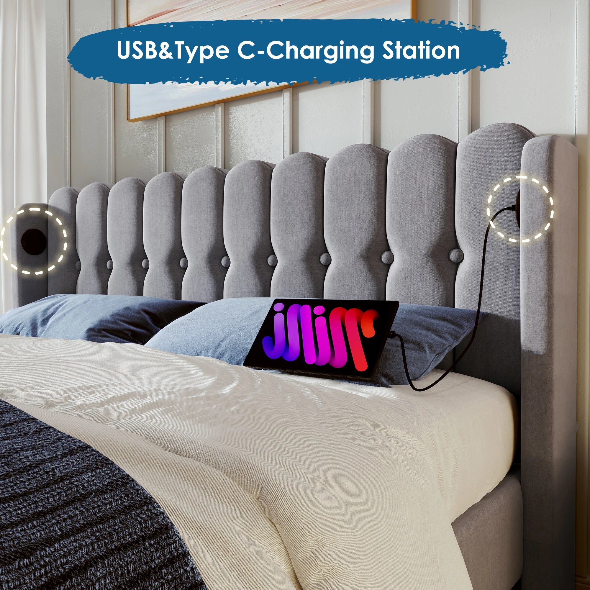 Cushion Bed Double with USB Type C Charging, Slatted Frame, Upholstered, Gray, 160x200 cm, Youth/Guest Room, Linen - vue 3 sur 6