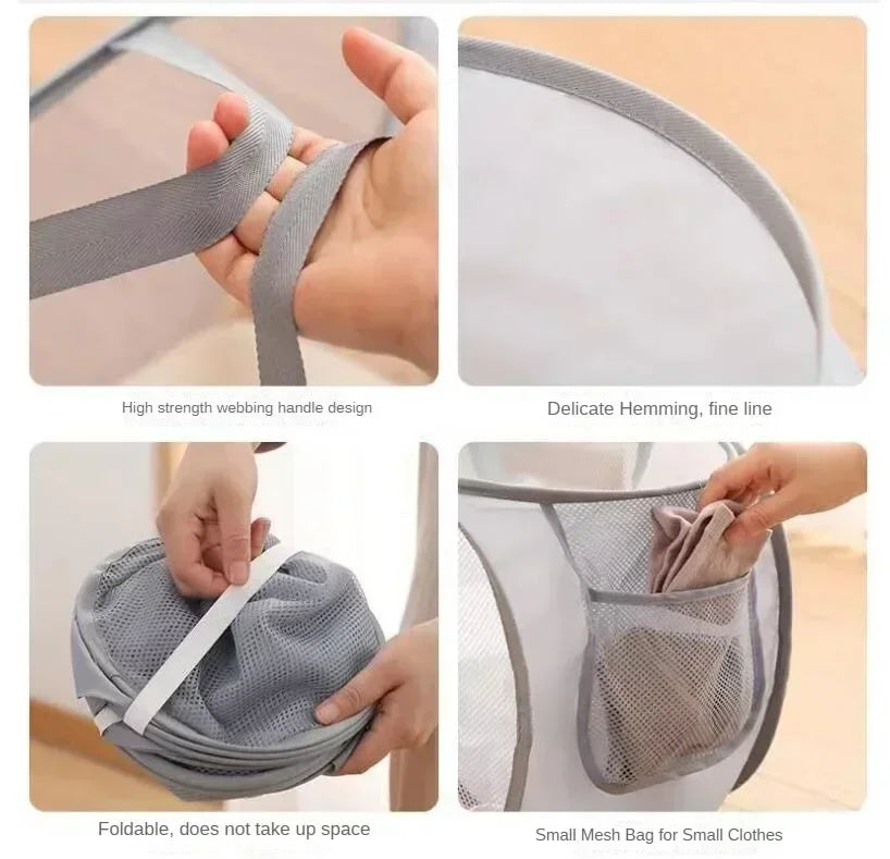 Durable Collapsible Laundry Basket, Mesh Pop Up Laundry Hamper With Side Pocket, Foldable Clothes Storage Hamper With Reinforced - vue 3 sur 9