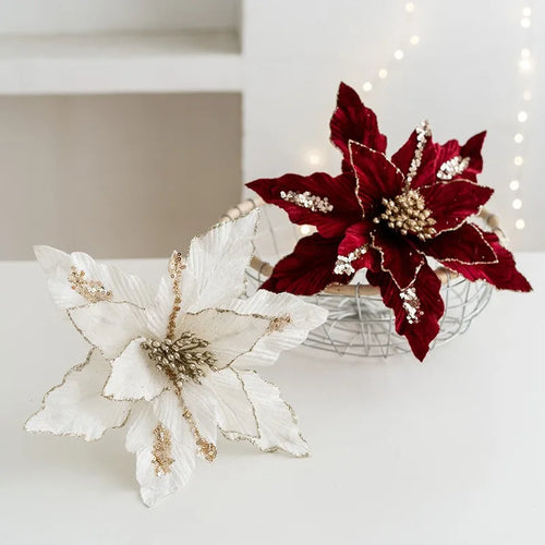 fleur de noël artificielle en velours pailleté décoration festive pour maison - vue 2 sur 12
