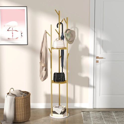 Marble Metal Coat Rack Freestanding with 3 Storage Shelves and 9 Hooks, Enterway Hall Tree for Hanging Coats, Jackets, Hats, Bag - vue 4 sur 7