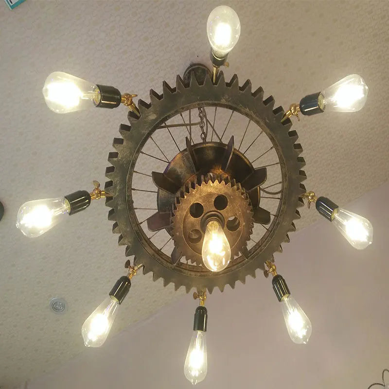 lustre industriel rétro créatif 9 têtes en bois pour loft restaurant café - vue 6 sur 9