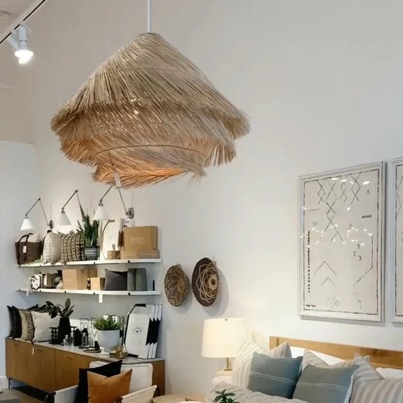 lustre en rotin tressé style wabi sabi pour intérieur - vue 5 sur 9