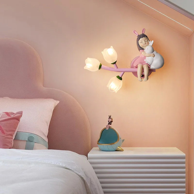 applique murale led g4 fille lapin fleur pour enfants