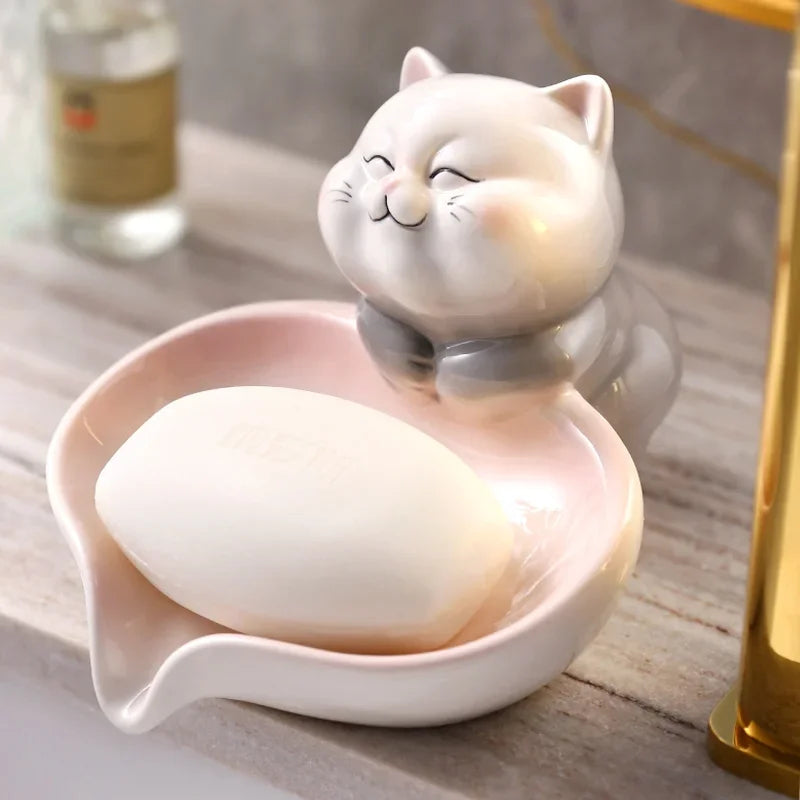 Ceramic Soap Holder for Household Desktop Decoration, Creative Cat Soap Box, Bathroom Drain, Cute Cartoon Storage Shelf - vue 5 sur 7