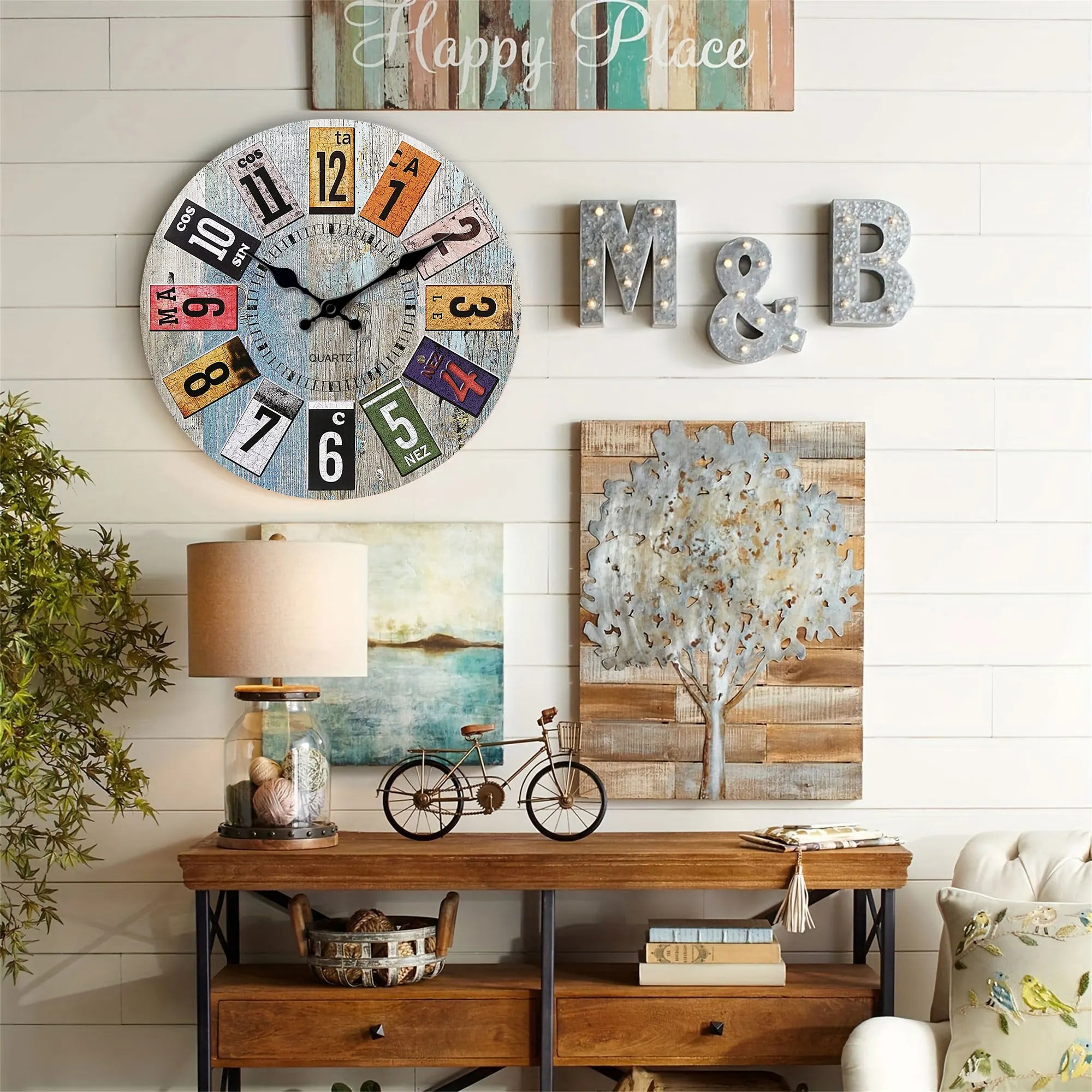 Nordic vintage style wooden wall clock, light blue wood texture with colorful Arabic numerals design wall clock, silent clock, f