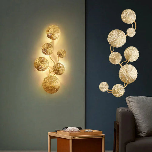 Lotus leaf gold copper LED wall sconce with G4 bulbs, vintage retro bedside and living room light - vue 3 sur 10