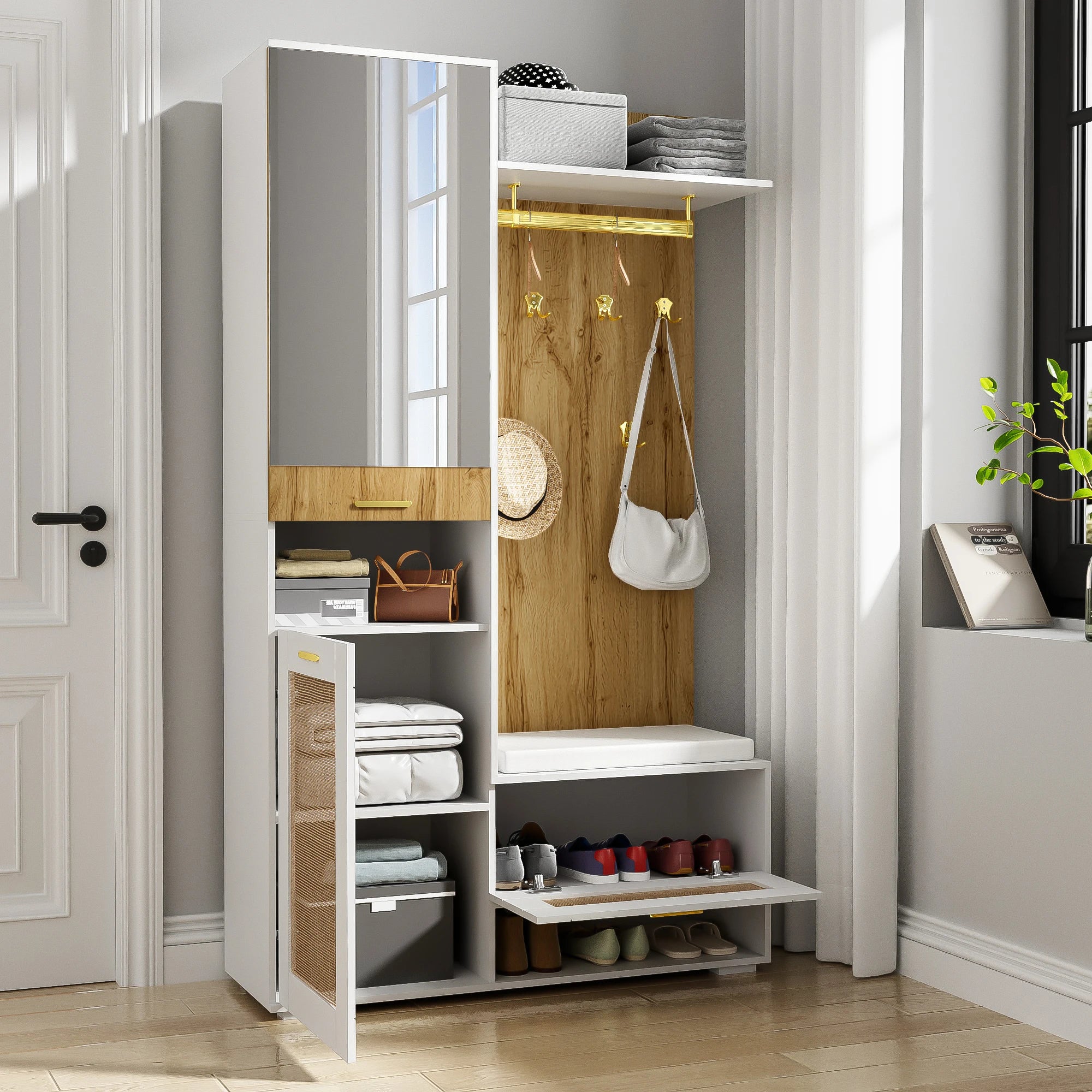 Wardrobe set, wardrobe set with mirror, 5 gold dresses hooks, shoe cabinet, wall wardrobe, top storage compartment, bench seat - vue 6 sur 6