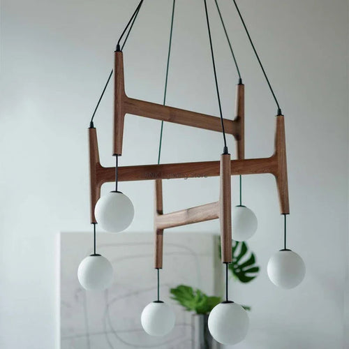Italian Porada ASTRA wooden pendant light retro multi-head minimalist restaurant living room LED chandelier indoor lamp - vue 3 sur 9
