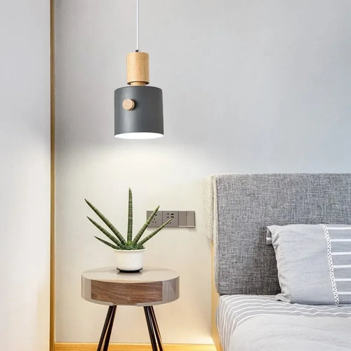 Suspension en bois nordiques LED Macaron à tête unique lampe décorative d'intérieur suspendue pour salon salle à manger luminaires de chambre à coucher - vue 3 sur 9