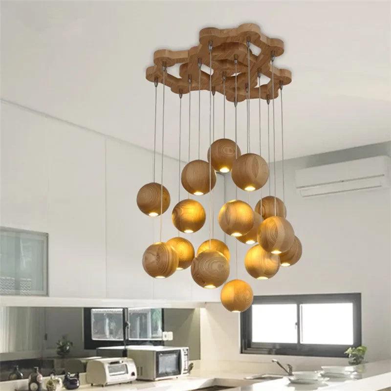 suspension lumineuse led moderne en bois gzmj avec plusieurs têtes - vue 4 sur 11