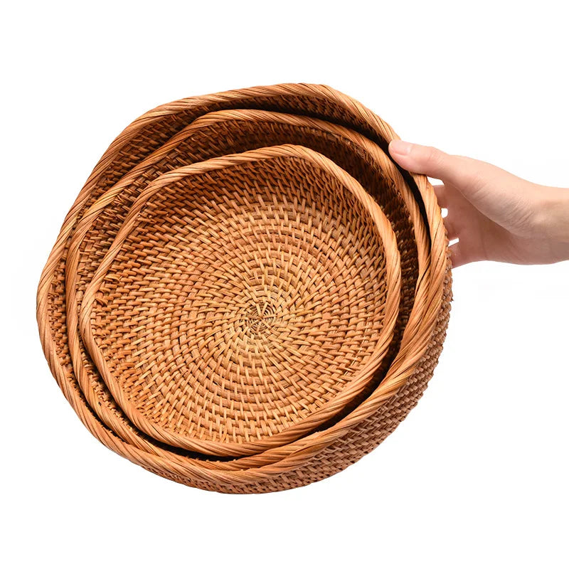 HeMu-Round Rattan Woven Basket, Wicker Fruit Basket, Bread Food, Kitchen Home Decor, Organizer Breadbasket for Kitchen - vue 5 sur 13
