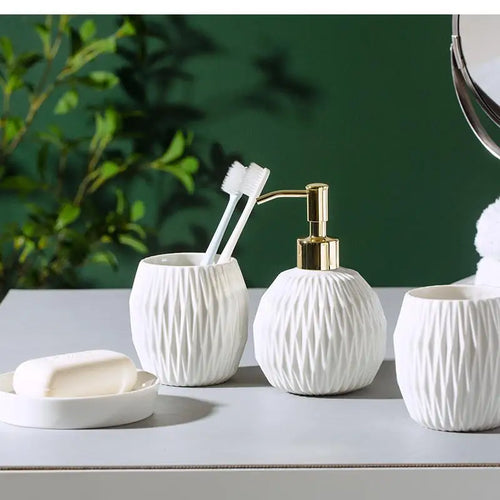 Nordic Bathroom, Dark Green Ceramic Embossed Shape, Soap Dispenser, Dish, Mouthwash Cup, Bathroom Supplies, Set - vue 2 sur 13
