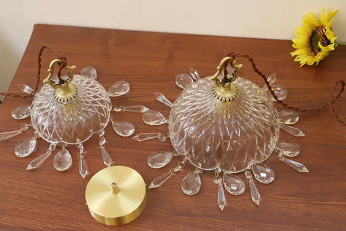 lustre en laiton nordique rétro suspendu en cristal et verre