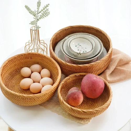 Round Rattan Fruit Basket, Wicker Woven Snack Tray, ,Bread Food Organizer, Kitchen Storage, Home Decoration - vue 4 sur 9