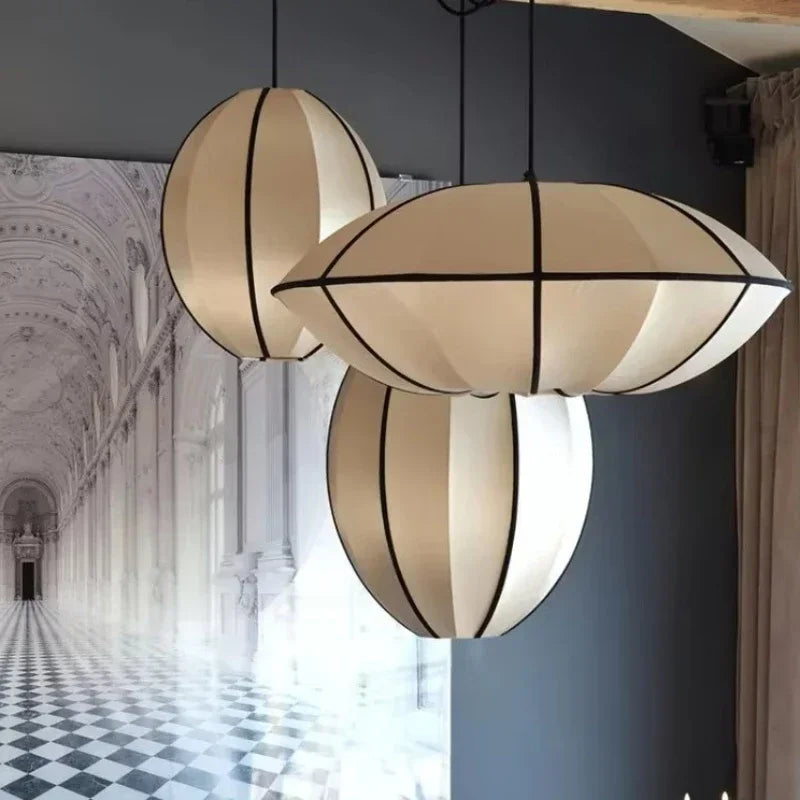 Nordic fabric lantern silk Zen pendant light, living room interior decoration, Japanese beige lantern pendant light - vue 3 sur 10