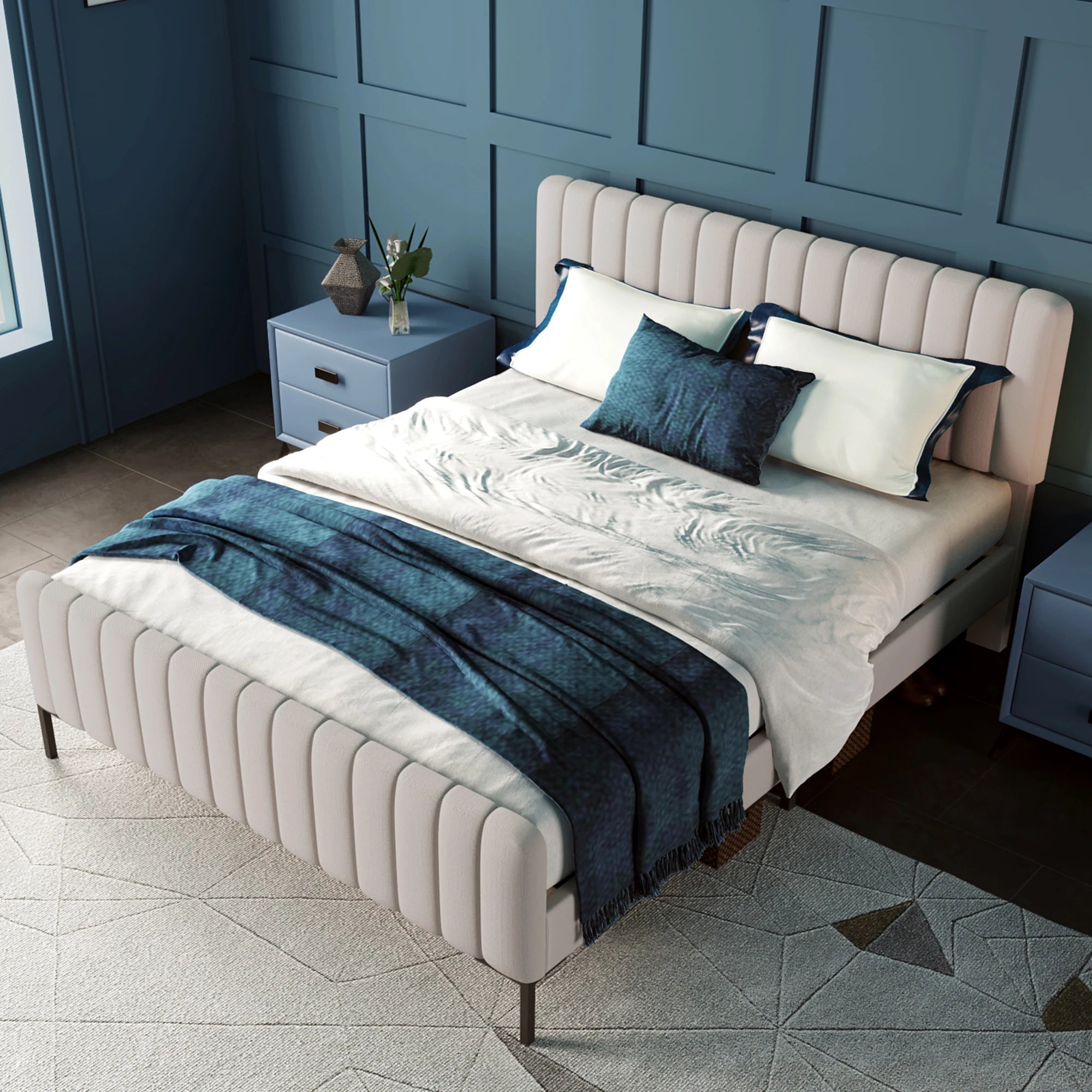 Cushion bed double bed 140x200 cm, bed frame with slatted frame and adjustable headboard, upholstered bed in gray-beige, bed - vue 4 sur 6