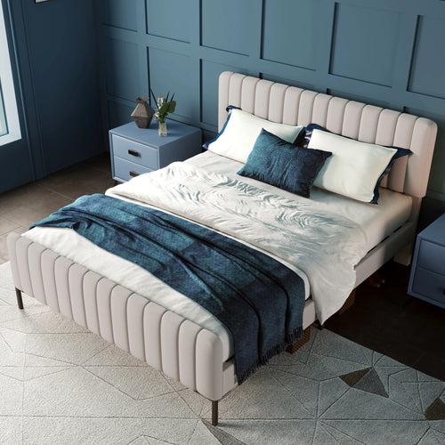 Cushion bed double bed 140x200 cm, bed frame with slatted frame and adjustable headboard, upholstered bed in gray-beige, bed - vue 5 sur 6