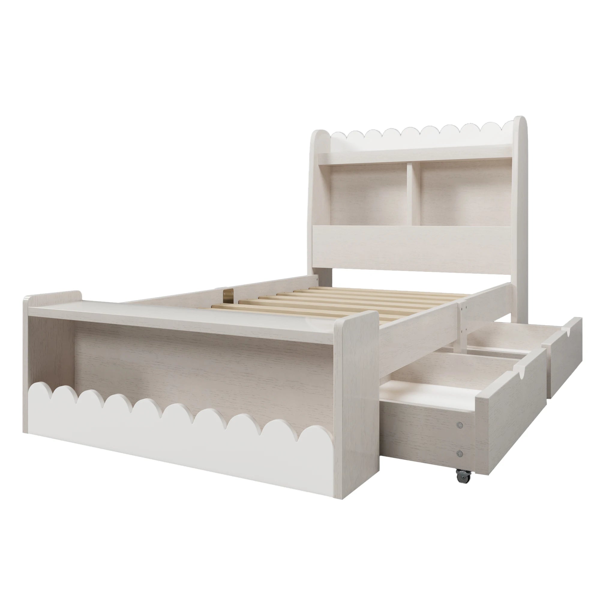 Children bed single bed storage bed with drawers, shelf and bench with storage space, wooden bed 90x200 cm, bed frame and slattenro - vue 3 sur 6