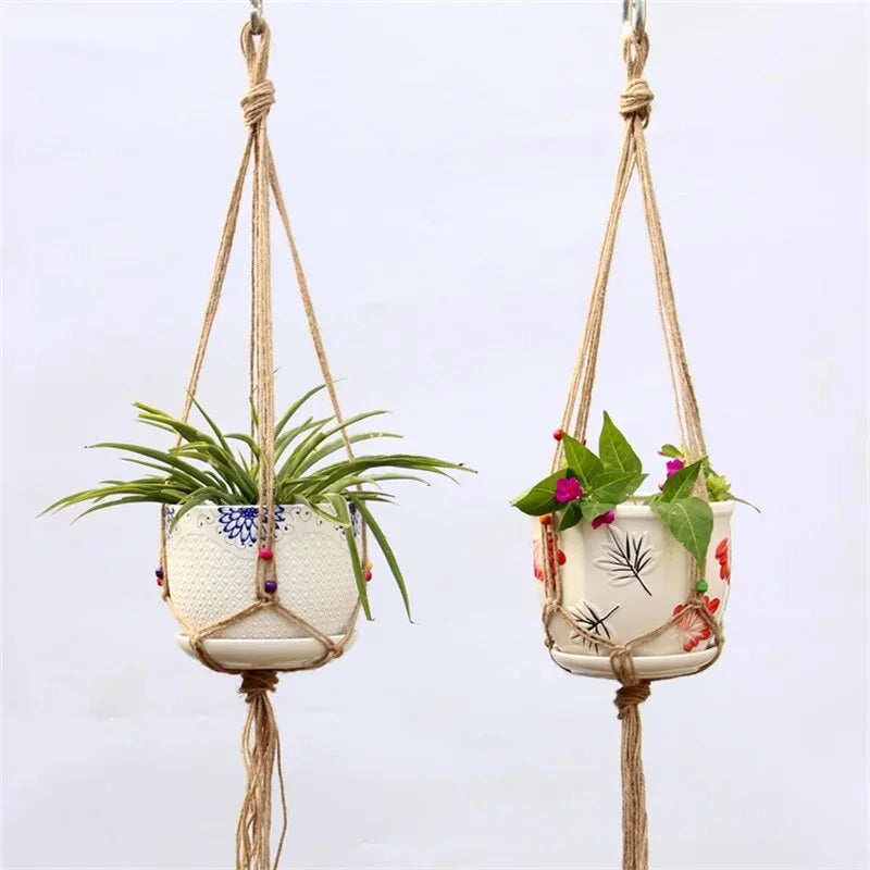 panier suspendu en corde de chanvre pour plantes décoratives - vue 6 sur 16