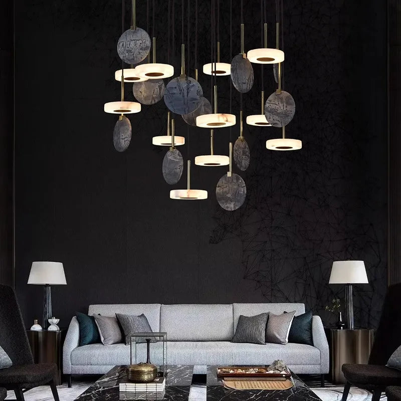 lustre led art déco en bois et marbre design élégant et moderne - vue 10 sur 11