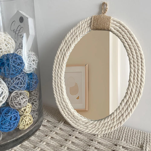 miroir ovale en corde style nautique avec frange en macramé