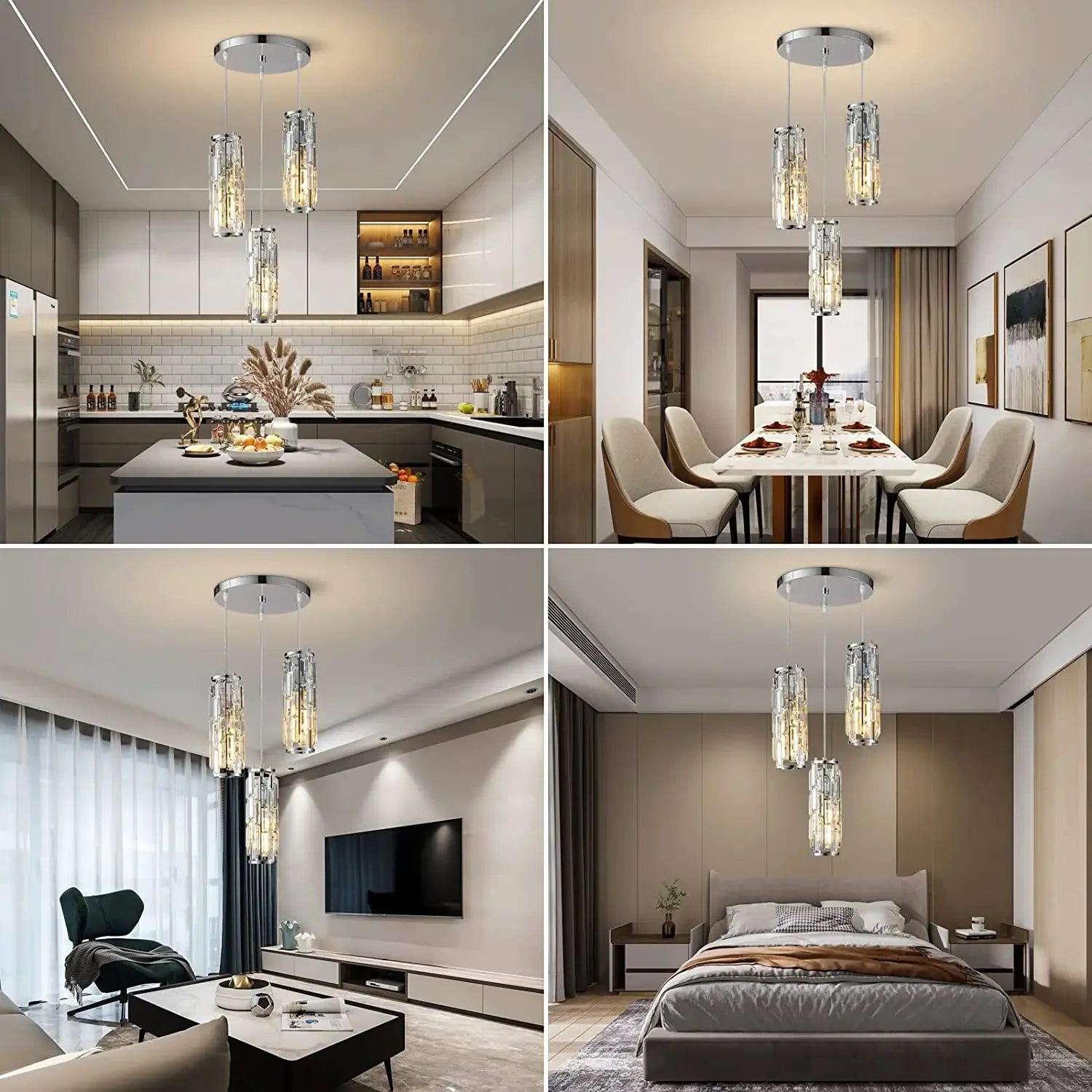 Suspension moderne Mini lustres en cristal luminaire réglable pour îlot de cuisine salle à manger chambre noir chrome 3 lumières - vue 4 sur 11