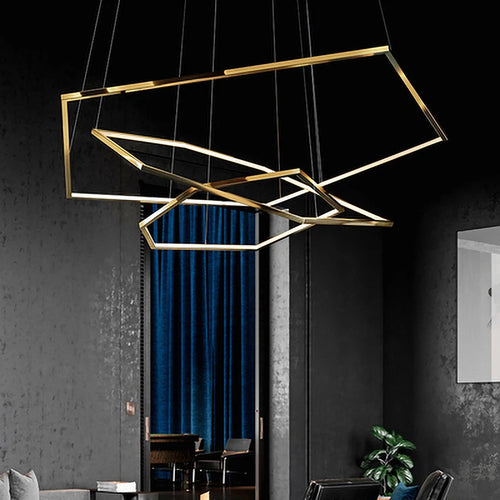Minimalist luxury gold geometric chandelier with LED - vue 5 sur 14