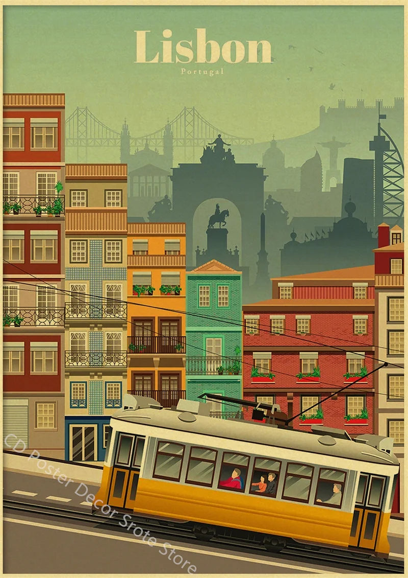 affiche rétro des villes du monde pour décoration murale