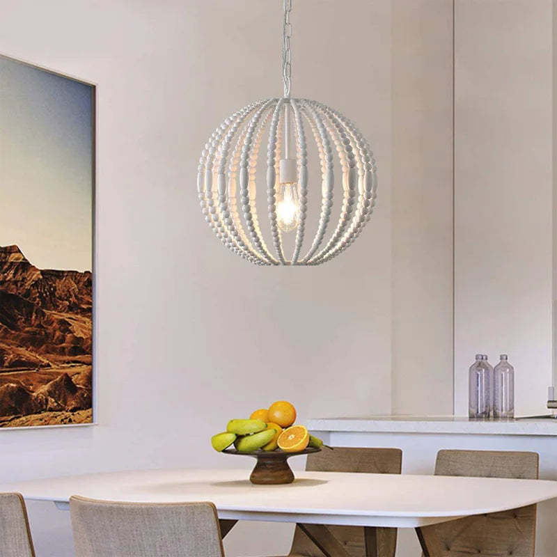 lustre vintage en perles de bois style américain loft campagne - vue 4 sur 6