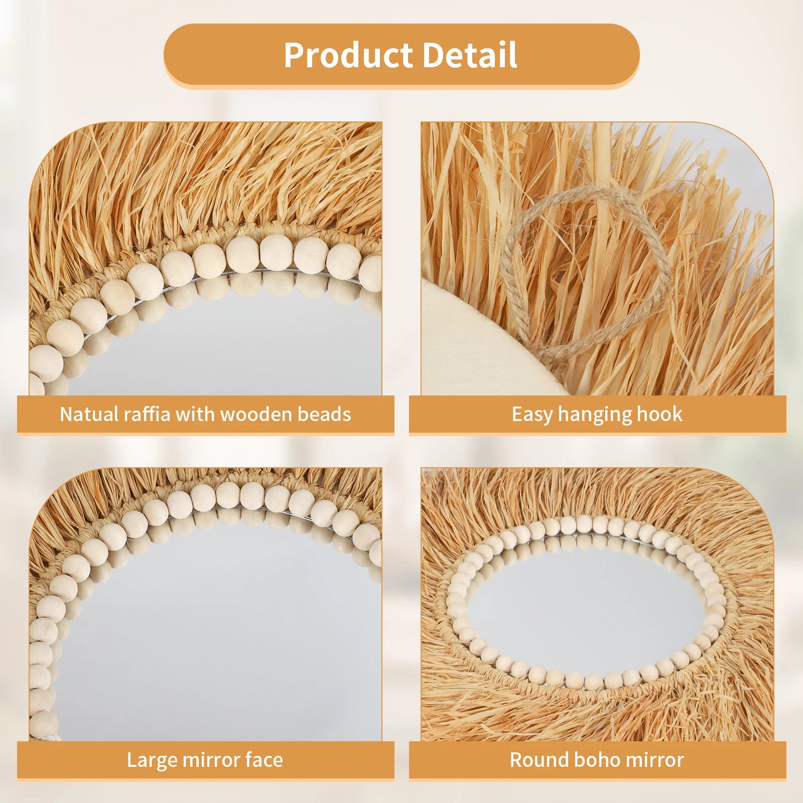 miroir décoratif en perles de bois fait main style bohème - vue 6 sur 7