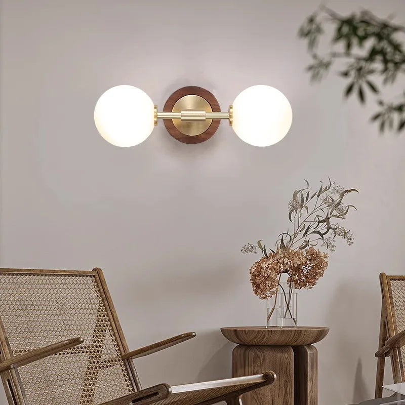 Walnut Wood Glass Sphere Brass, Wabi-sabi Simple Modern Vintage style, Wall Sconce lighting for Bedroom, Bedside, Dining Room - vue 4 sur 8
