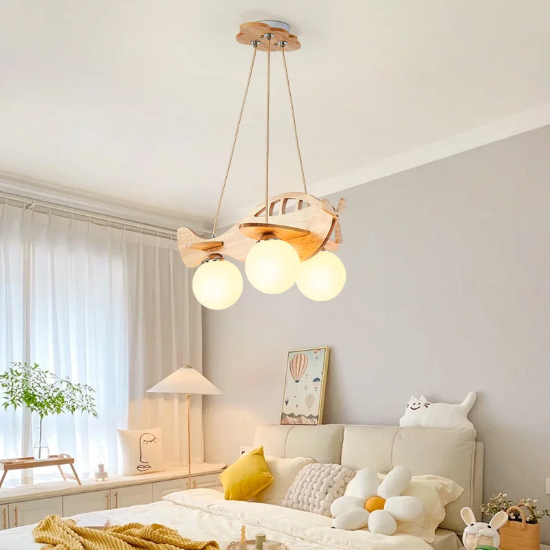 lustre avion en bois led pour chambre d'enfant moderne - vue 6 sur 7
