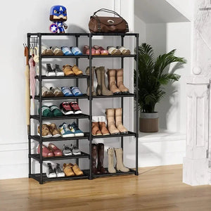 Double row metal shoe rack with hooks multipurpose