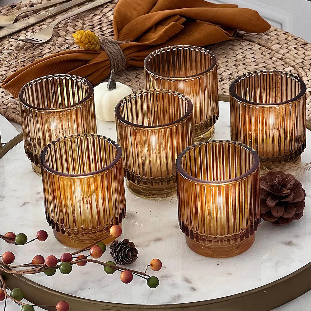 Vintage Ribbed Amber Glass Tealight &amp; Votive Candle Holders , Fall Decor, Boho Decor, Shelf Decoration