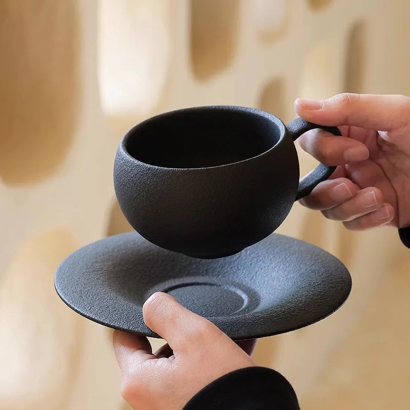 Tasse café rétro motif pierre brûlée soucoupe céramique