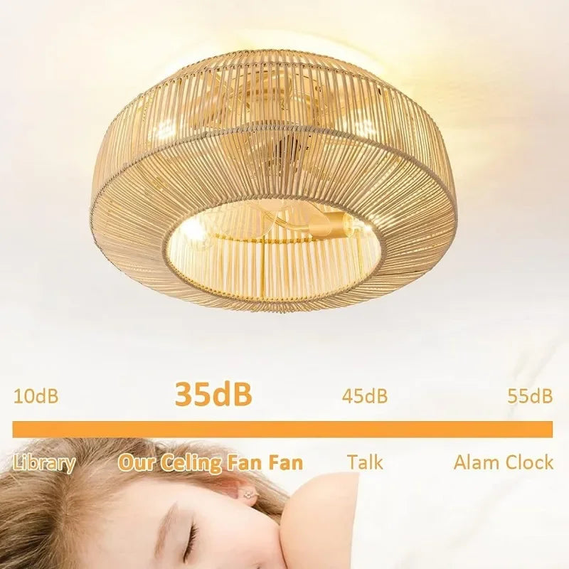 plafonnier ventilateur industriel avec lumière en bambou