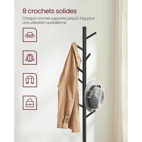 VASAGLE Standing Coat Rack, Solid Wood Coat Rack, Tree-Shaped Coat Rack with 8 Hooks, 3 Height Options, for Clothes, Hats, Bags - vue 6 sur 8