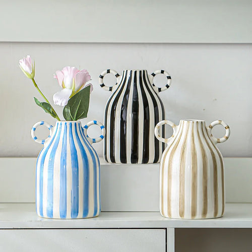 Double Ear Ceramic Vase, Abstract Black and White Striped Hydroponic Vase, Living Room Decoration, Room Aesthetic Decoration - vue 2 sur 14