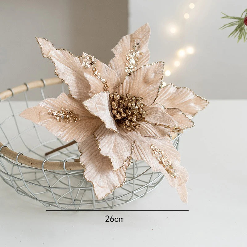 fleur de noël artificielle en velours pailleté décoration festive pour maison - vue 12 sur 12