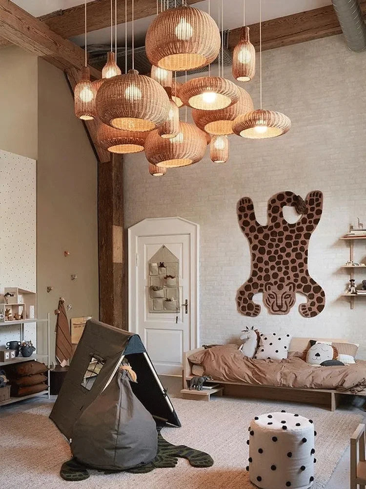 suspension vintage en rotin style chinois fait main pour café et restaurant