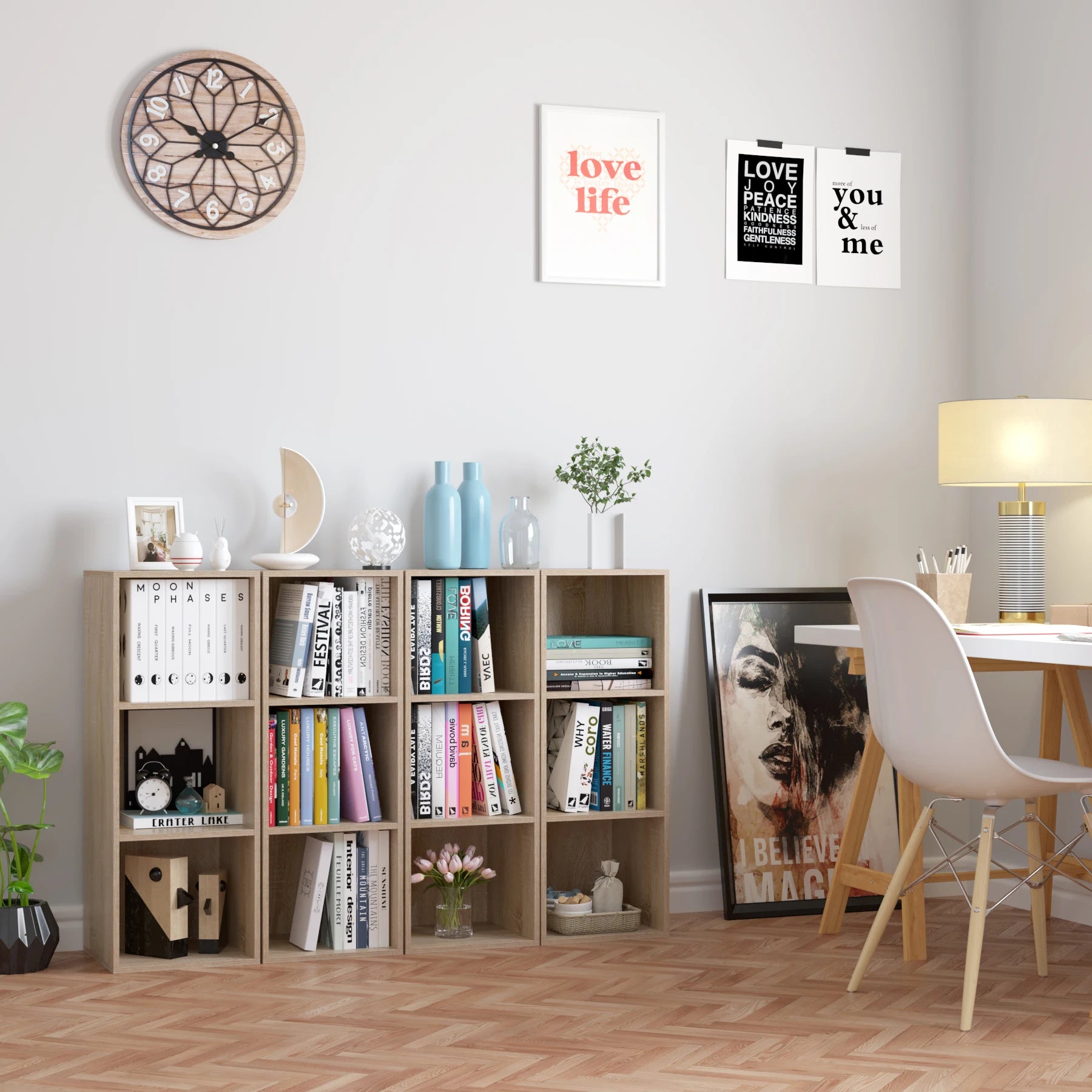 Getone Small Bookcase, White Bookshelf, 3 Cubes Storage Unit, Living Room Bookcase Wooden 30x30x80cm - vue 6 sur 8