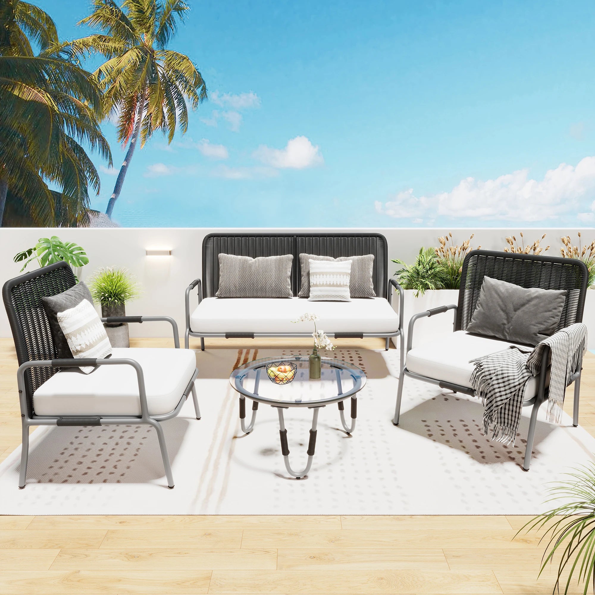 Poly Rattan Seating Group, Garden Furniture Seating Set garden Sets, garden Lounge for 4, with armchair, coffee table &amp; Cushions