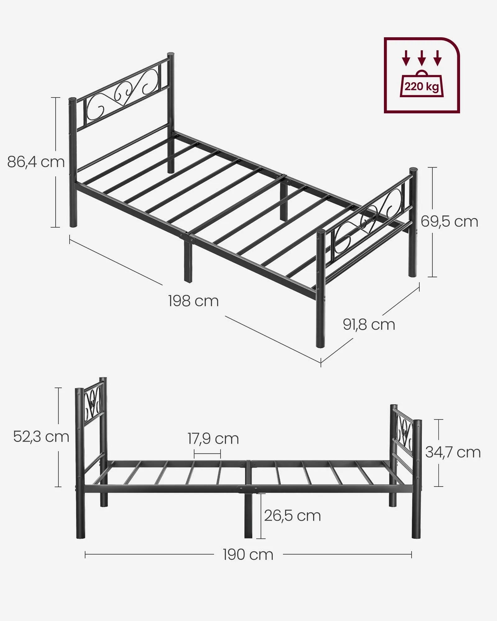 VASAGLE Single Bed Frame, Metal Bed Frame, Fits 90 x 190 cm Mattress, Easy Assembly, for Small Spaces, Guest Room - vue 6 sur 8